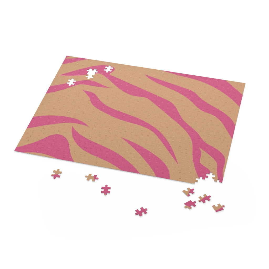 A vibrant 500-piece jigsaw puzzle featuring pink leopard stripes, showcasing high-quality chipboard pieces in a gift-ready box.