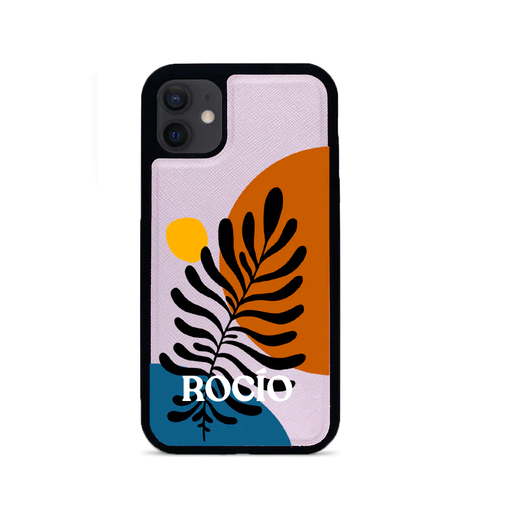 Blush iPhone 12 Leather Case made from genuine saffiano leather with a soft rubber rim, showcasing personalization options.