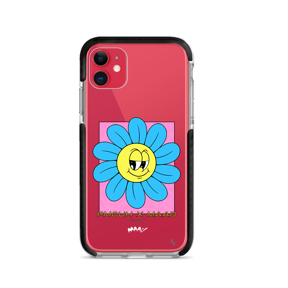 PMouh x MAAD iPhone 11 Clear Case featuring colorful anthropomorphic characters in a slim design.