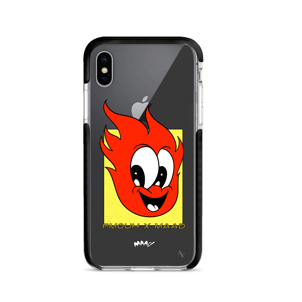 PMouh x MAAD Clear Case for iPhone X/XS featuring vibrant anthropomorphic characters and a slim, protective design.