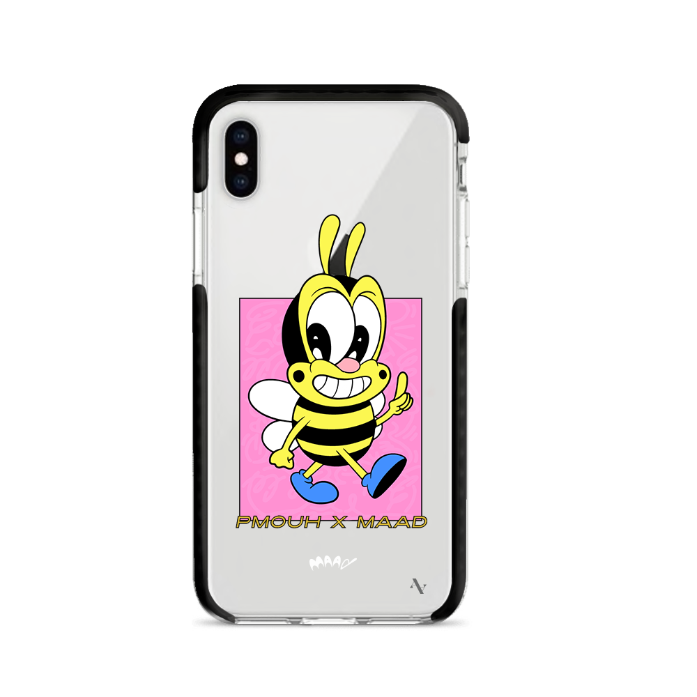 PMouh x MAAD Clear Case for iPhone X/XS featuring vibrant anthropomorphic characters and a slim, protective design.