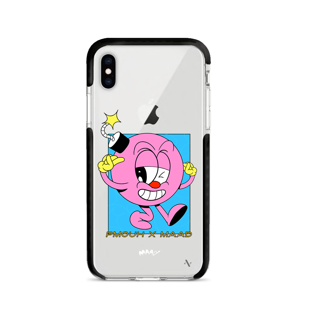 PMouh x MAAD Clear Case for iPhone X/XS featuring vibrant anthropomorphic characters and a slim, protective design.