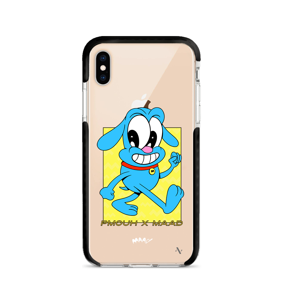 PMouh x MAAD Clear Case for iPhone X/XS featuring vibrant anthropomorphic characters and a slim, protective design.