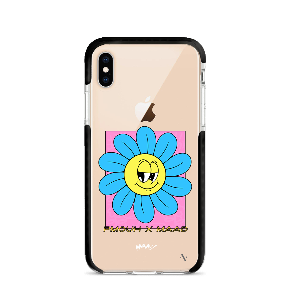 PMouh x MAAD Clear Case for iPhone X/XS featuring vibrant anthropomorphic characters and a slim, protective design.