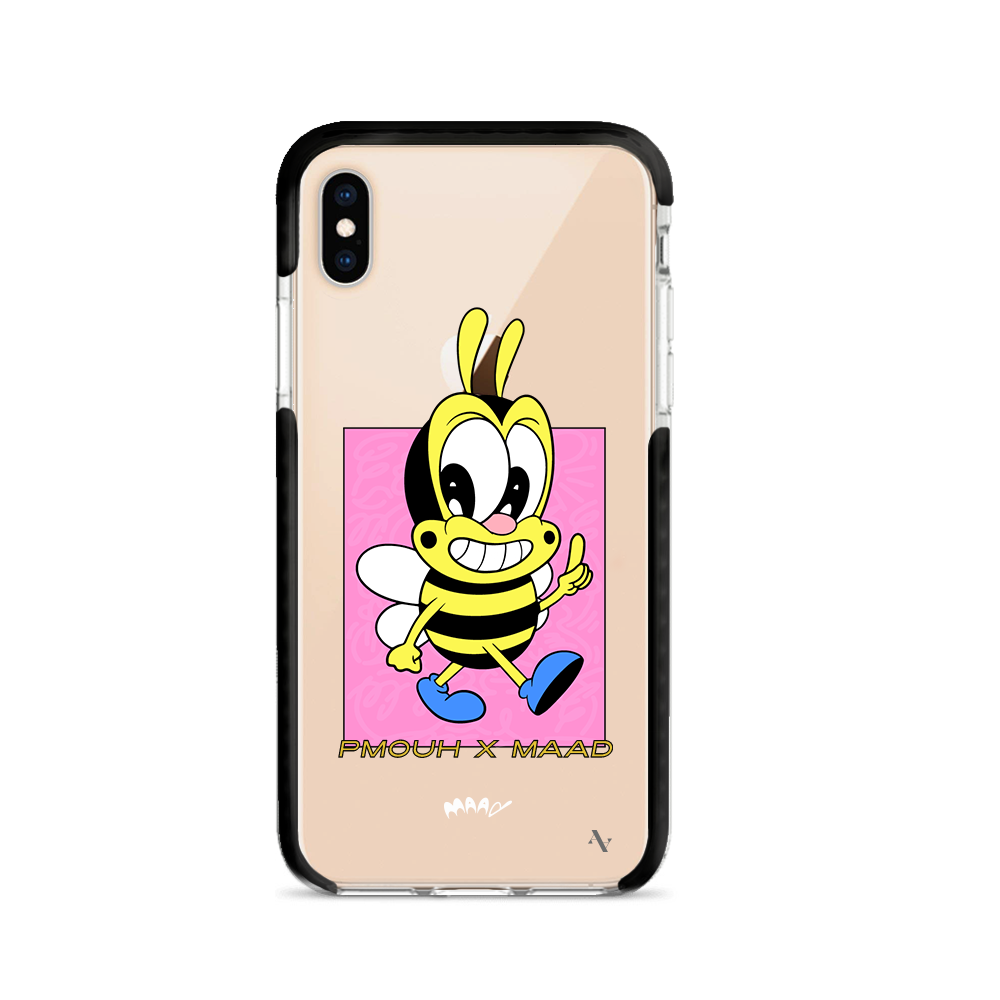 PMouh x MAAD Clear Case for iPhone X/XS featuring vibrant anthropomorphic characters and a slim, protective design.