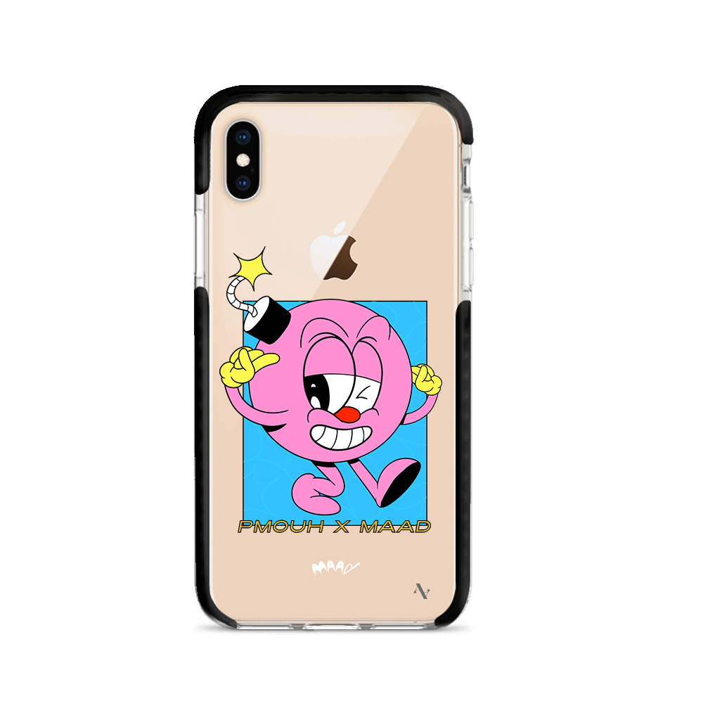 PMouh x MAAD Clear Case for iPhone X/XS featuring vibrant anthropomorphic characters and a slim, protective design.