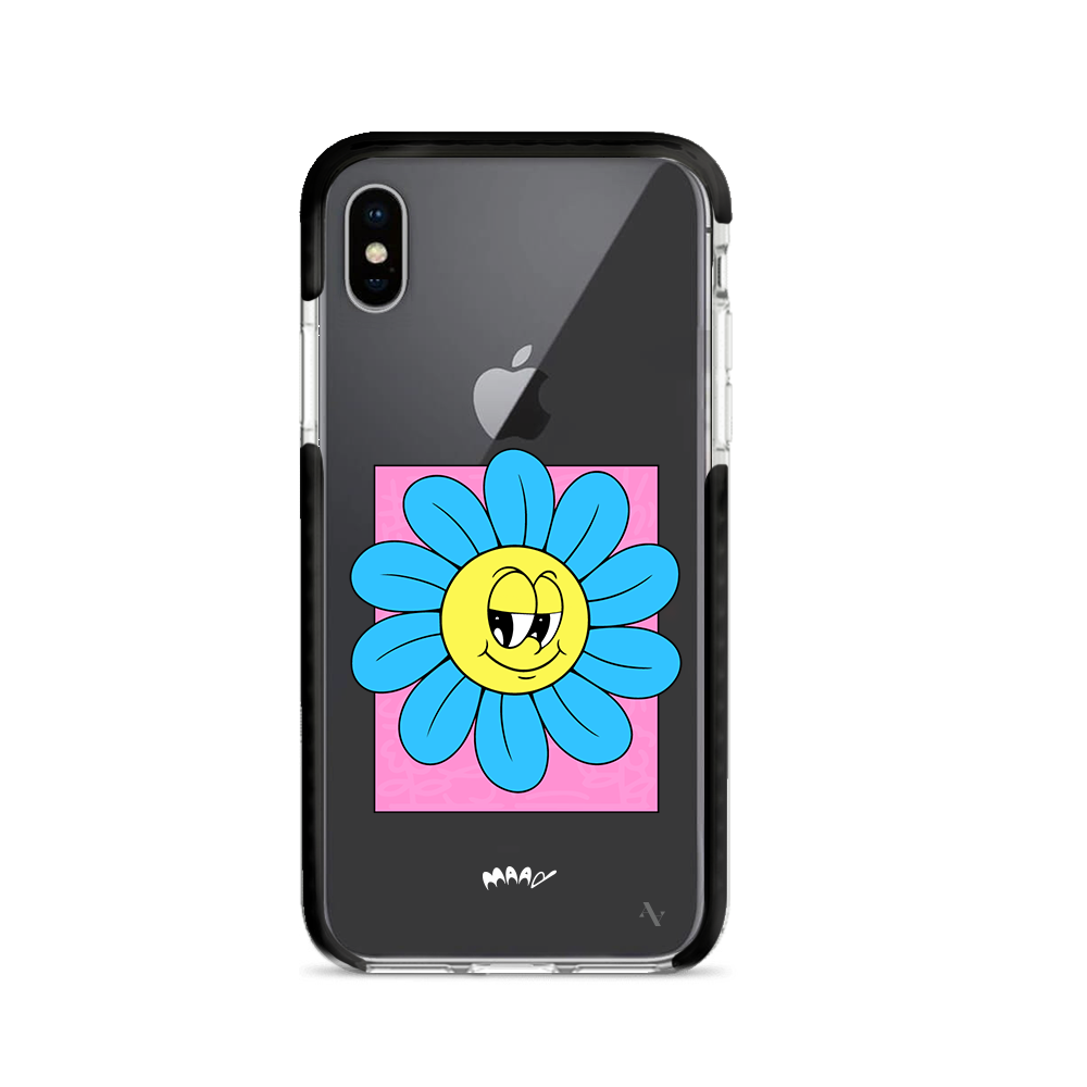 PMouh x MAAD Clear Case for iPhone X/XS featuring vibrant anthropomorphic characters and a slim, protective design.