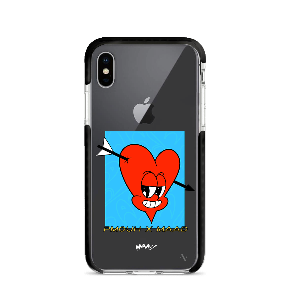 PMouh x MAAD Clear Case for iPhone X/XS featuring vibrant anthropomorphic characters and a slim, protective design.