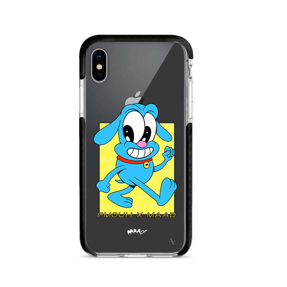 PMouh x MAAD Clear Case for iPhone X/XS featuring vibrant anthropomorphic characters and a slim, protective design.