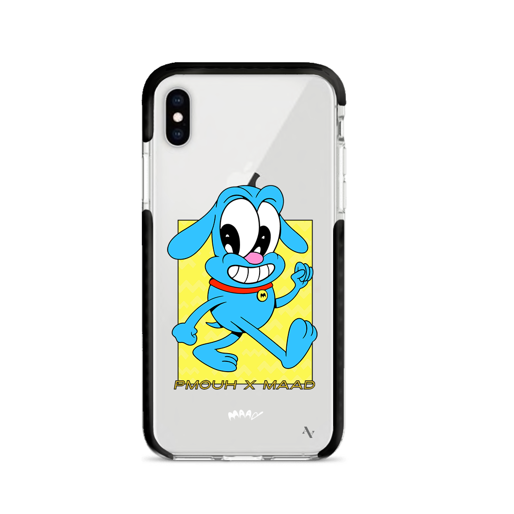 PMouh x MAAD Clear Case for iPhone X/XS featuring vibrant anthropomorphic characters and a slim, protective design.