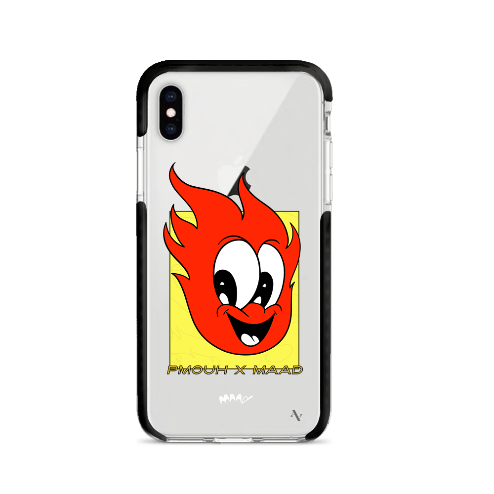 PMouh x MAAD Clear Case for iPhone X/XS featuring vibrant anthropomorphic characters and a slim, protective design.