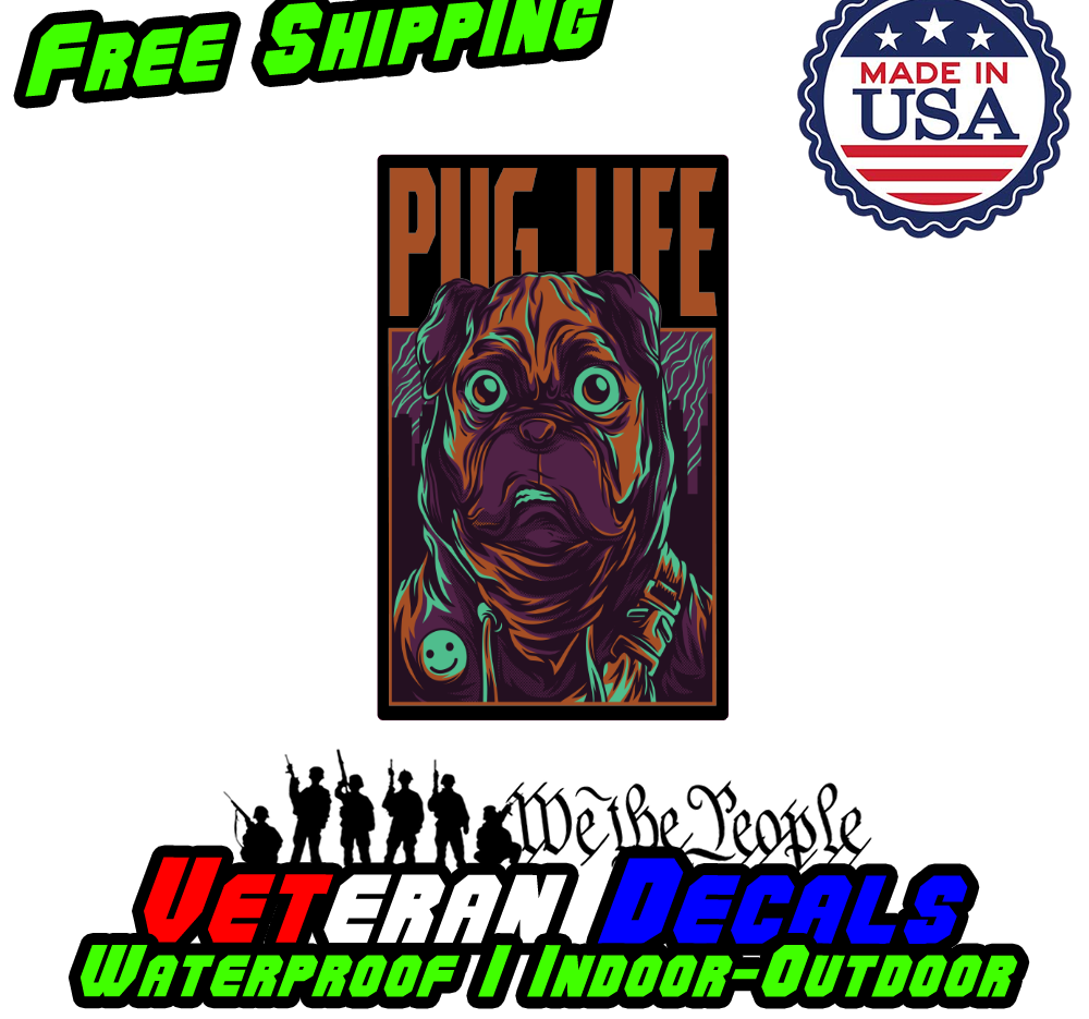 Pug Life Art JDM Funny Vinyl Decal Sticker on a car window, showcasing a playful pug design.
