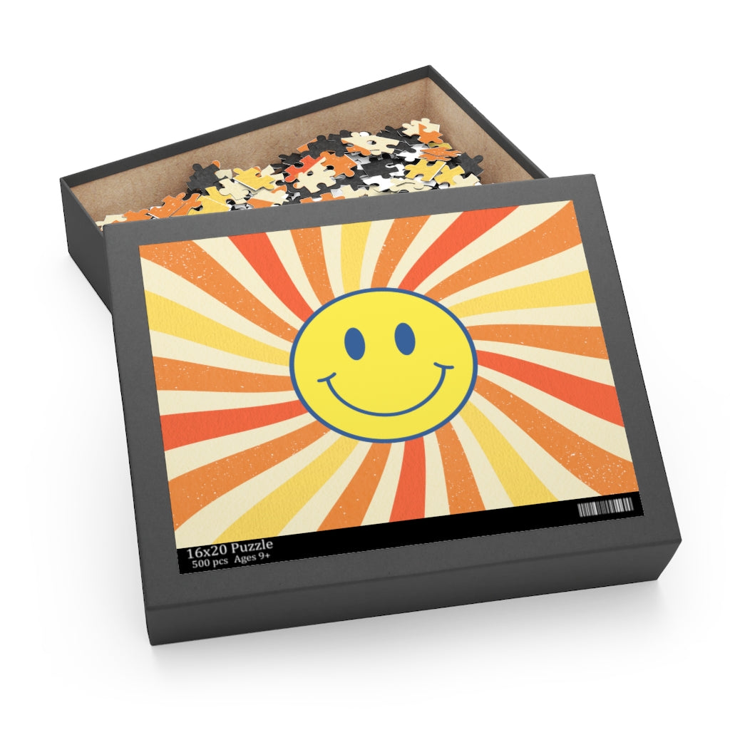 Retro Smiley Face Jigsaw Puzzle with 500 colorful chipboard pieces in a gift-ready box, showcasing a vibrant smiley face design.
