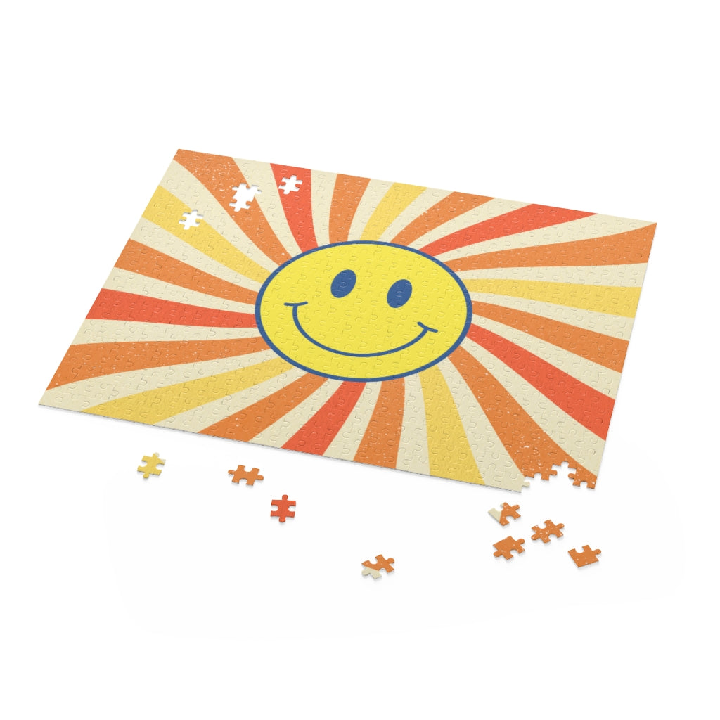 Retro Smiley Face Jigsaw Puzzle with 500 colorful chipboard pieces in a gift-ready box, showcasing a vibrant smiley face design.