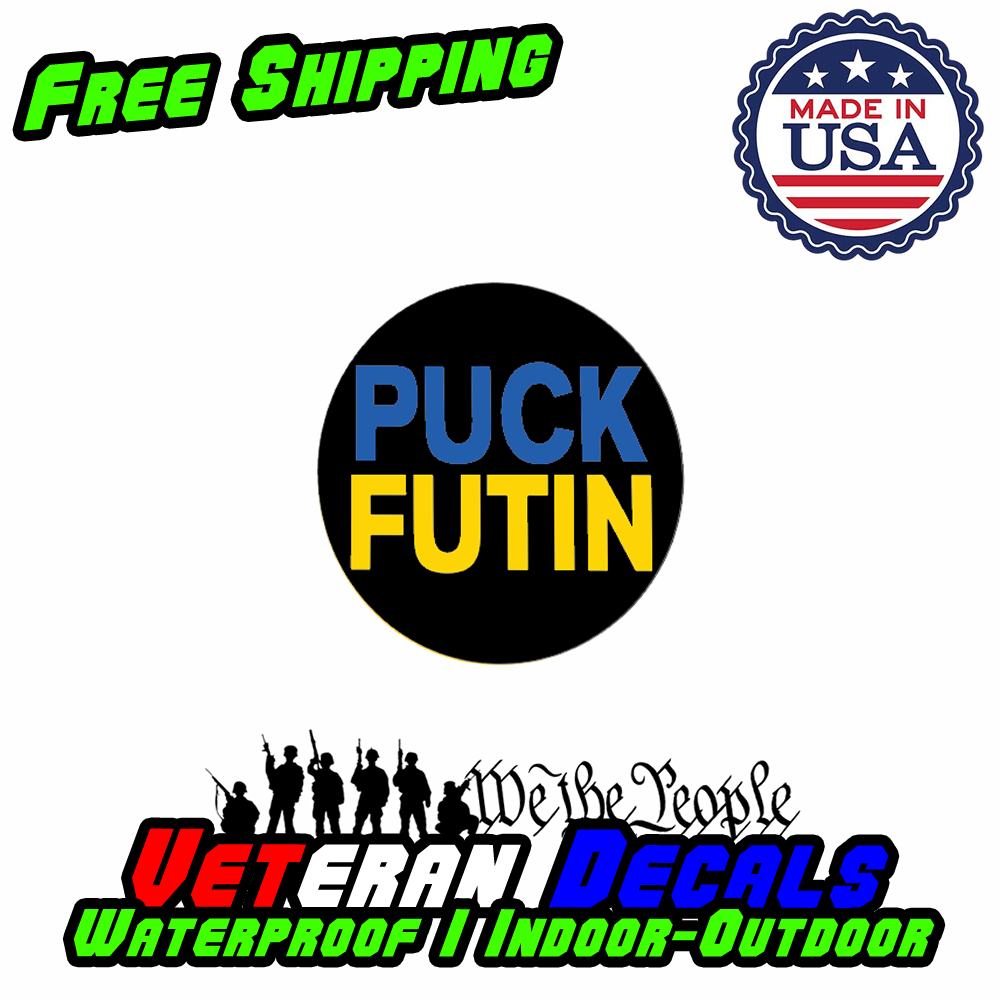ROUND UKRAINE STICKER featuring F*CK PUTIN design, 4-inch vinyl decal suitable for various surfaces.