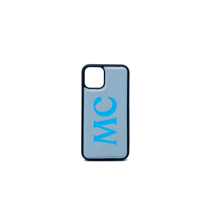 Baby Blue Saffiano leather iPhone 11 Pro case with soft rubber rim, showcasing personalization options.