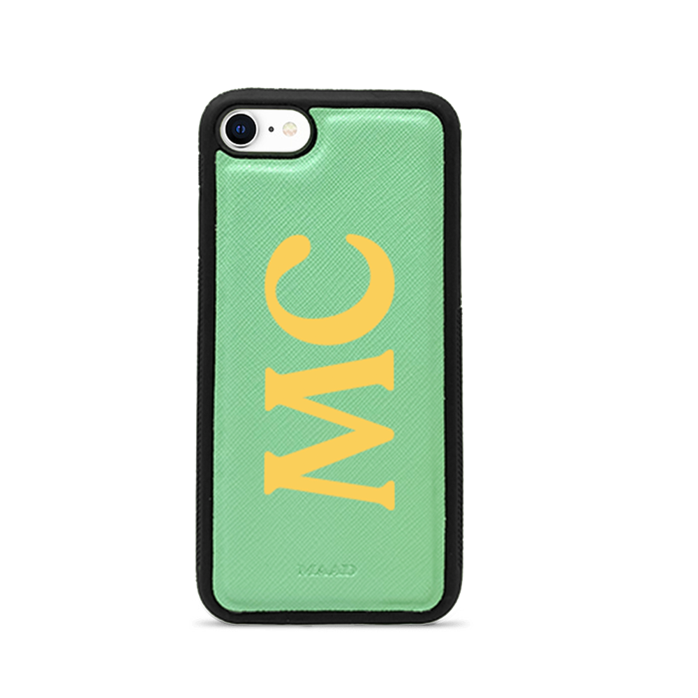 Saffiano Mint iPhone 7/8/SE Case made of genuine leather with a soft rubber rim, showcasing personalization options.