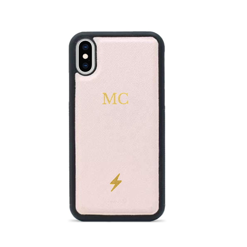 Genuine saffiano leather case in nude color for iPhone XS MAX, featuring a soft rubber rim for edge protection.