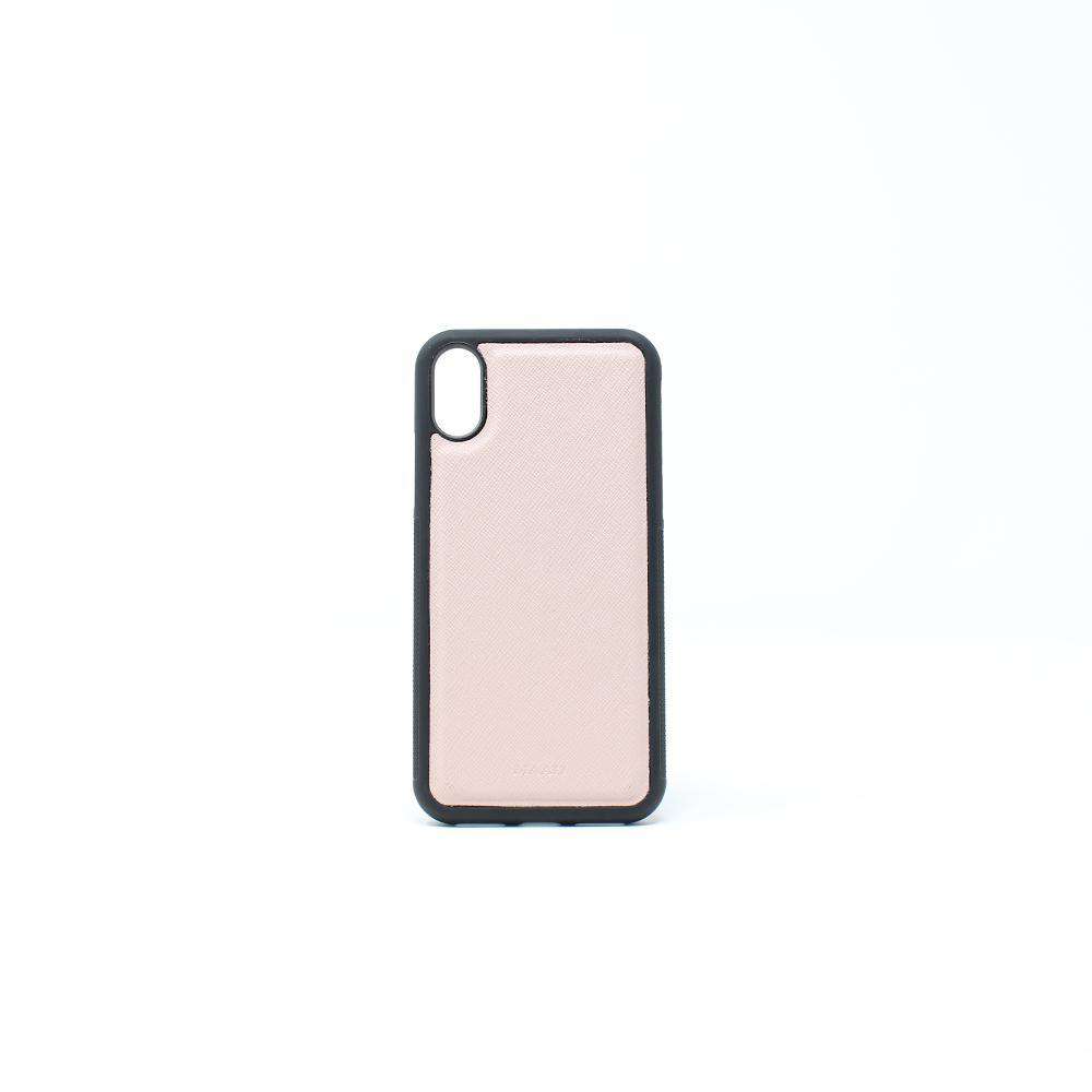 Genuine saffiano leather case in nude color for iPhone XS MAX, featuring a soft rubber rim for edge protection.