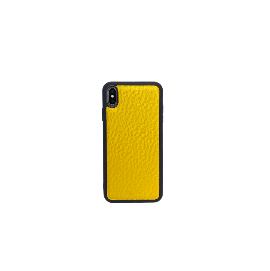 Stylish yellow saffiano leather case for iPhone X/XS with rubber rim, showcasing personalization options.