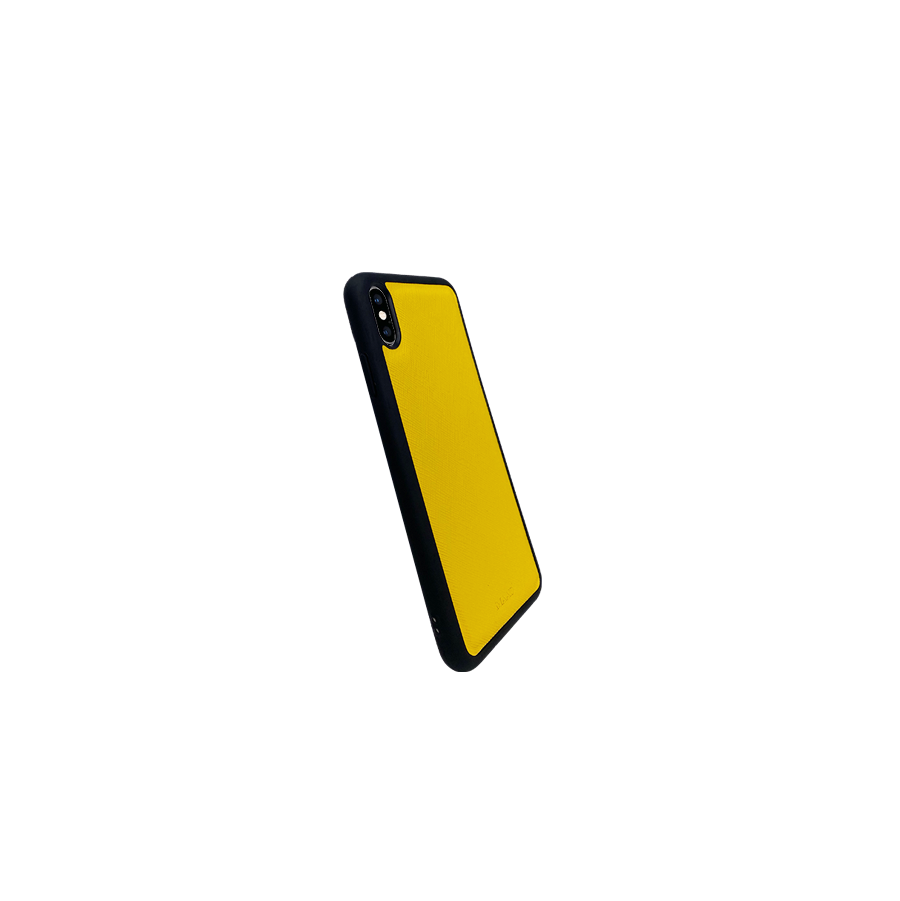 Stylish yellow saffiano leather case for iPhone X/XS with rubber rim, showcasing personalization options.