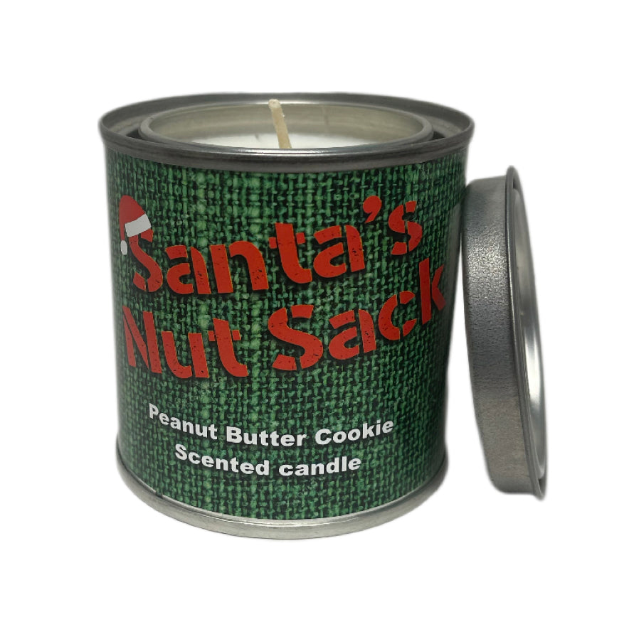 A whimsical product named Santa's Nut Sack, featuring a festive design and a label indicating a Peanut Butter Cookie scent.
