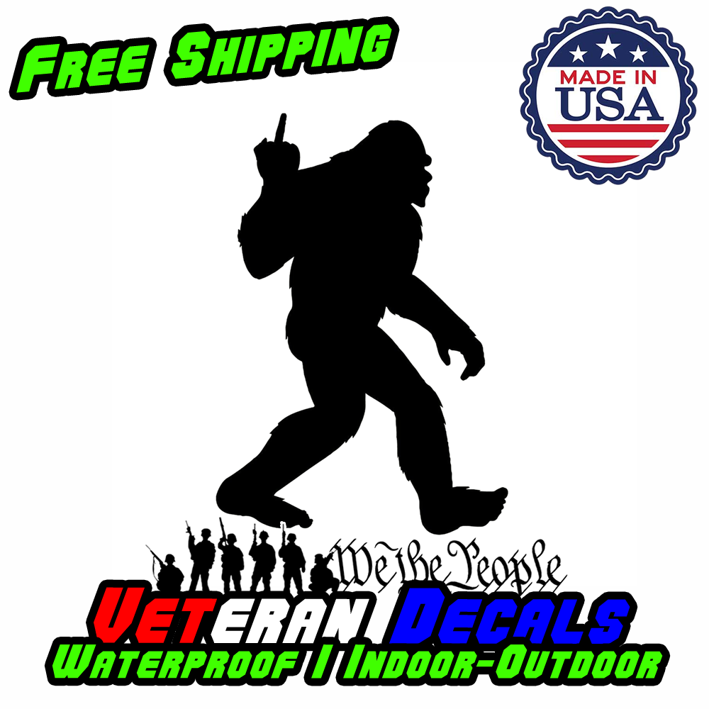 Sasquatch Bigfoot vinyl decal showing Bigfoot giving the middle finger, perfect for cars and other surfaces.