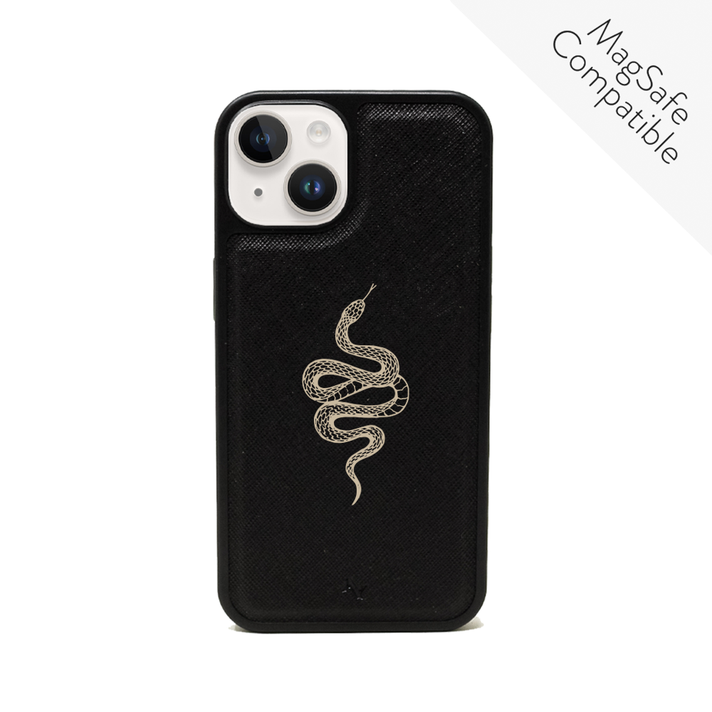 Black iPhone 14 Leather Case made from vegan saffiano leather with a soft rubber rim, showcasing personalization options.