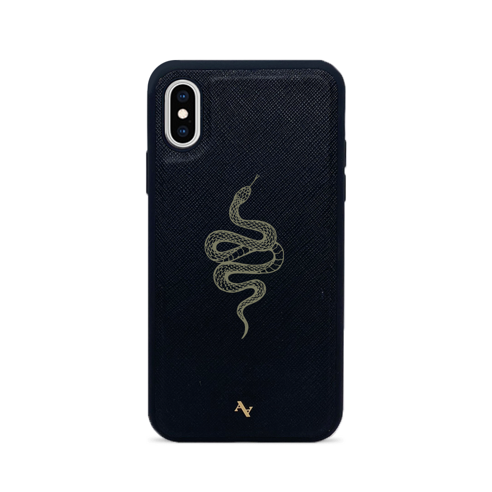 Black leather case for iPhone X/XS made from genuine saffiano leather with a soft rubber rim for protection.