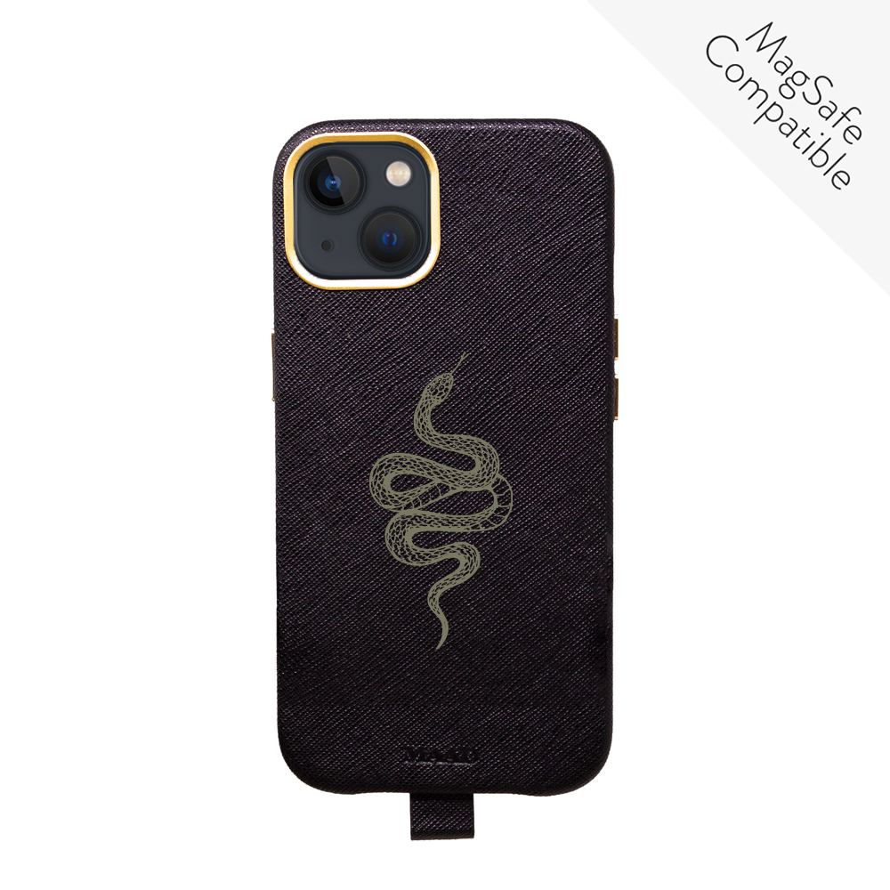 Full Wrapped Black iPhone 13 case made of vegan saffiano leather with gold pleated edges, showcasing a sleek and stylish design.