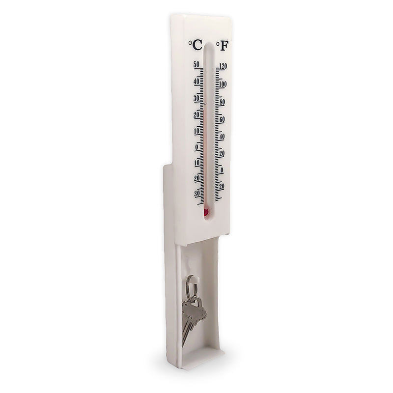 A Secret Safe Indoor/Outdoor Thermometer designed to hide valuables, featuring a slide open compartment and dual hanging slots.