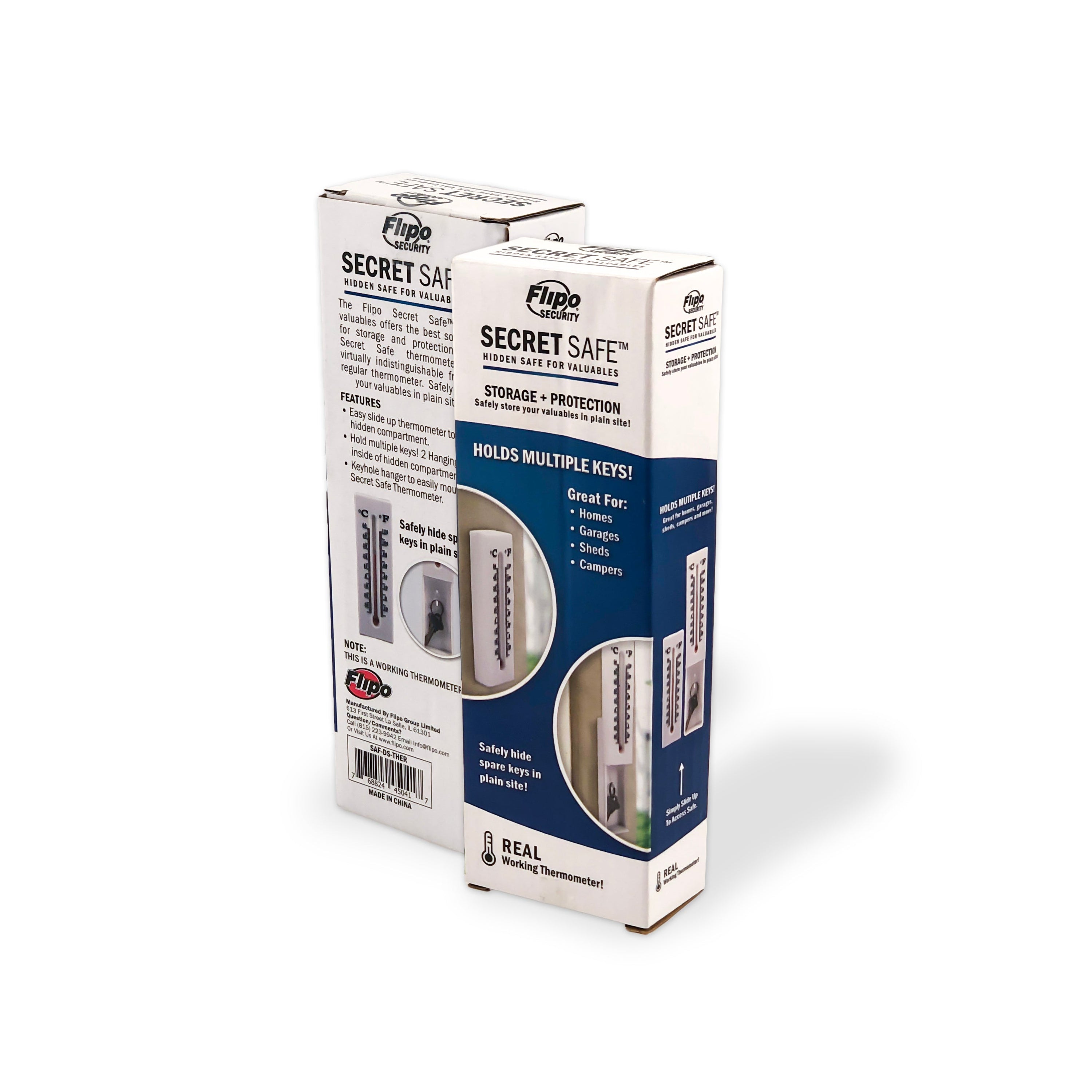 A Secret Safe Indoor/Outdoor Thermometer designed to hide valuables, featuring a slide open compartment and dual hanging slots.