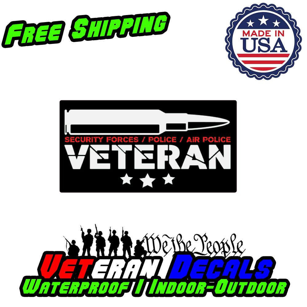 Security Forces Veteran Military Armed Forces Decal Sticker displayed on a car window, showcasing its vibrant design and premium quality.
