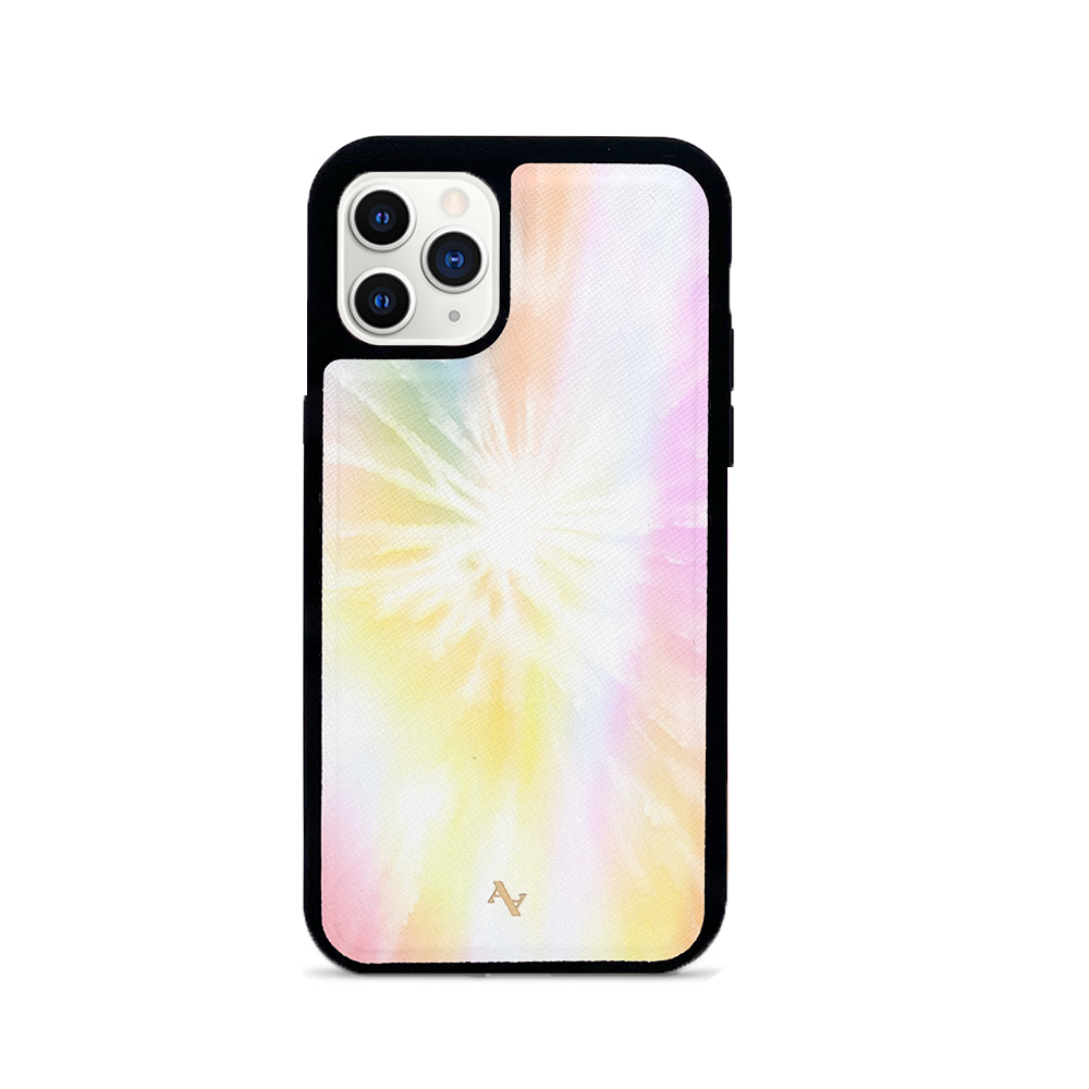 Bright tie-dye leather case for iPhone 11 Pro with a soft rubber rim, showcasing vibrant colors and personalization options.