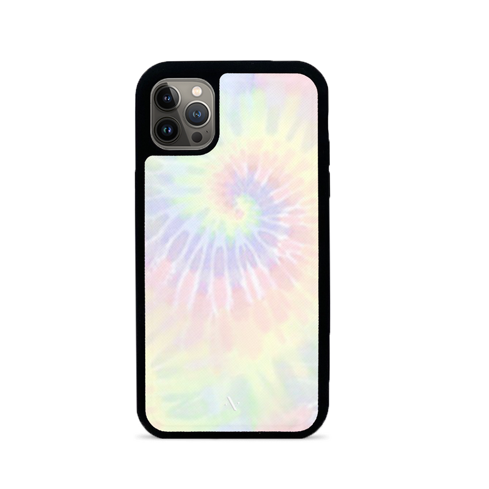 Summer Pastel Tie Dye iPhone 13 Pro Leather Case with vegan saffiano leather and soft rubber rim, featuring a trendy tie dye pattern.