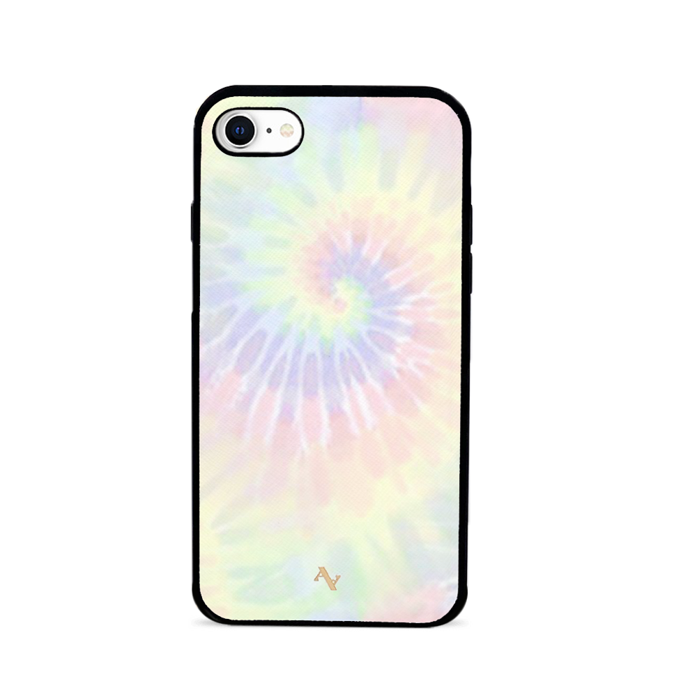 Pastel tie dye leather case for iPhone 7/8/SE with soft rubber rim and personalization options.