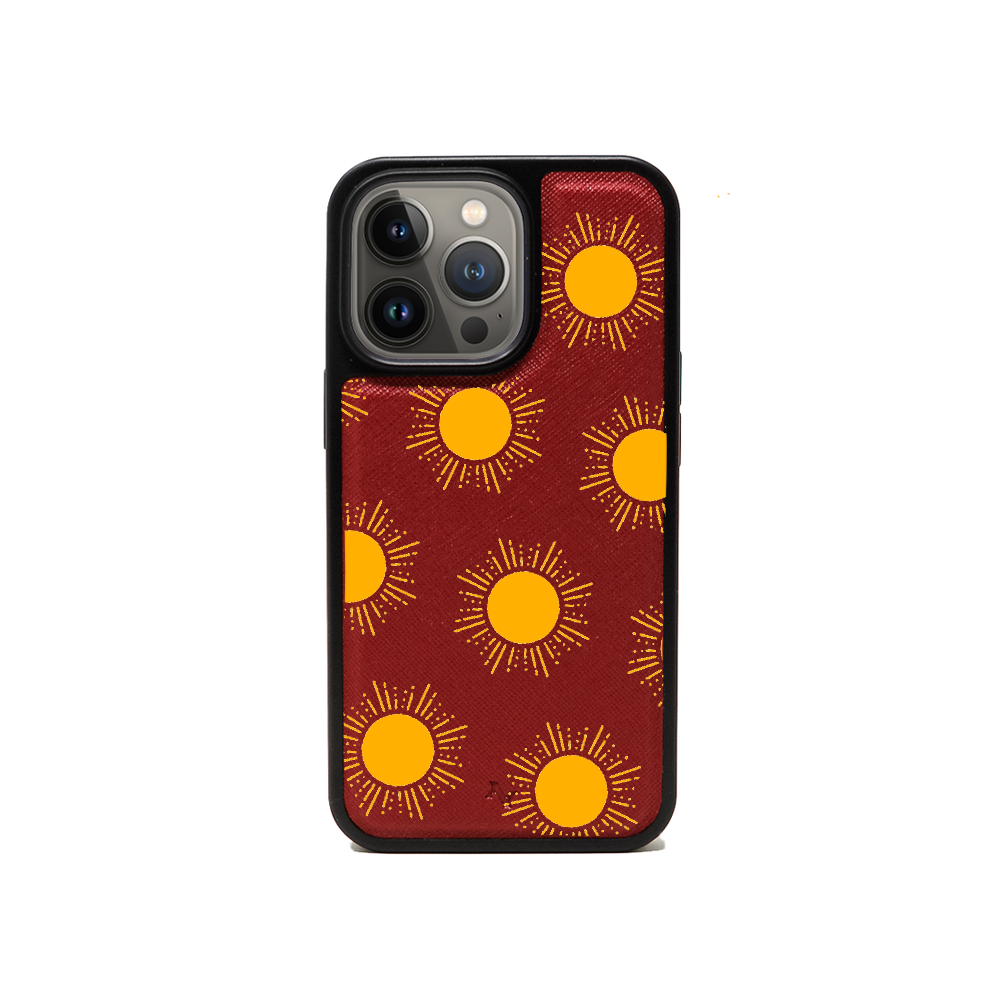 Sun - Red iPhone 13 Pro Leather Case made from vegan saffiano leather with a soft rubber rim, showcasing personalization options.