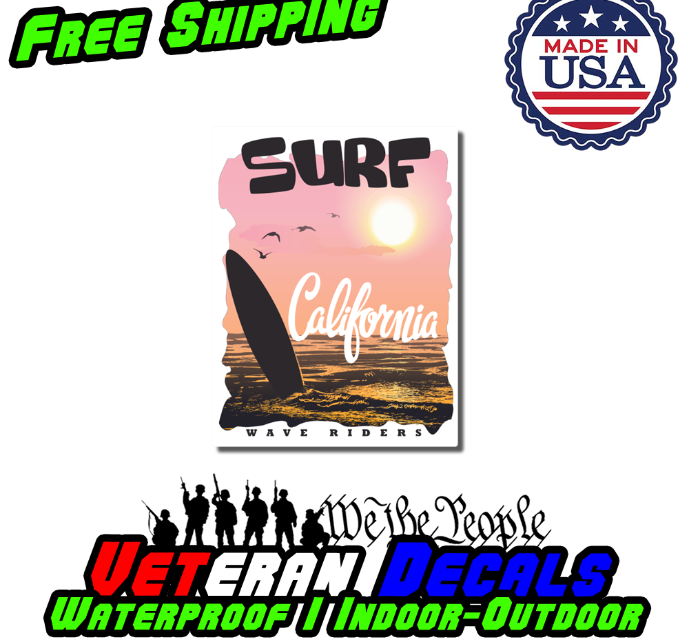 Surf California Art JDM Funny Vinyl Decal Sticker on a car, showcasing vibrant colors and design.
