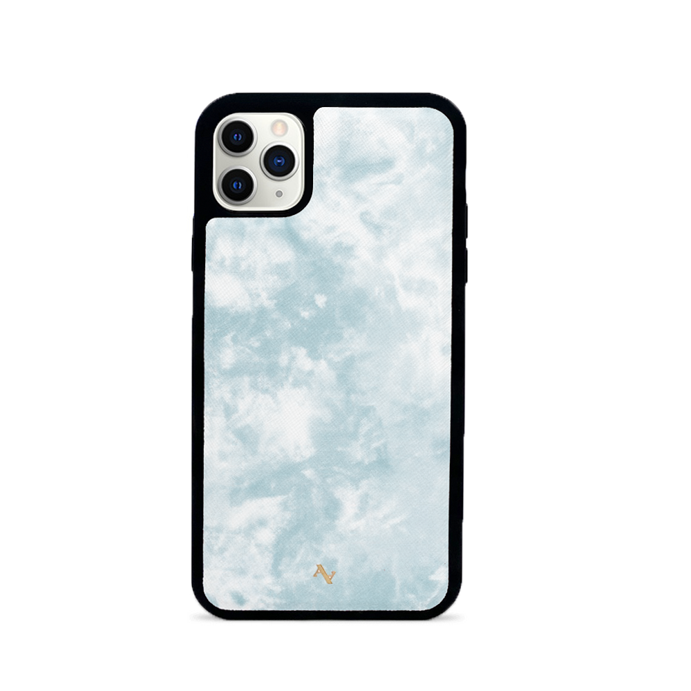 Tie Dye Blue Fever leather case for iPhone 11 Pro Max featuring a vibrant tie-dye pattern and genuine saffiano leather.