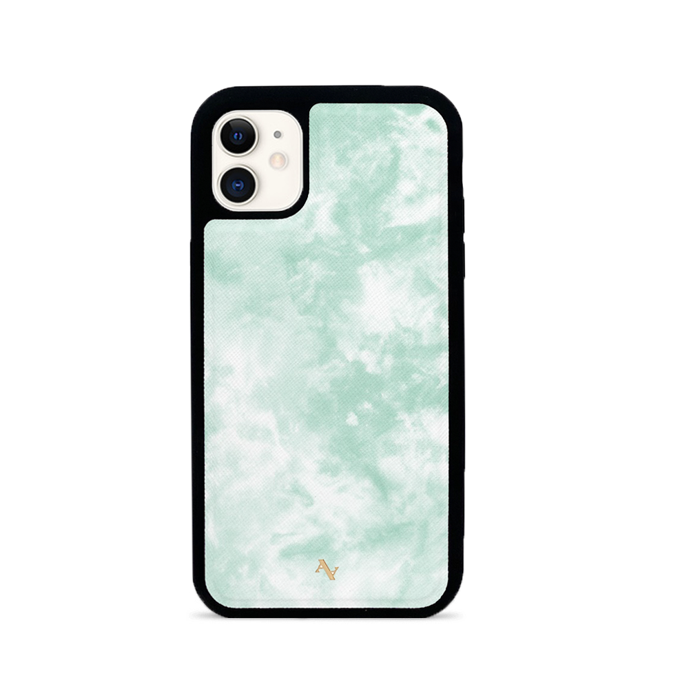 Tie Dye Green Fever iPhone 11 leather case featuring a vibrant tie-dye design and genuine saffiano leather with a soft rubber rim.