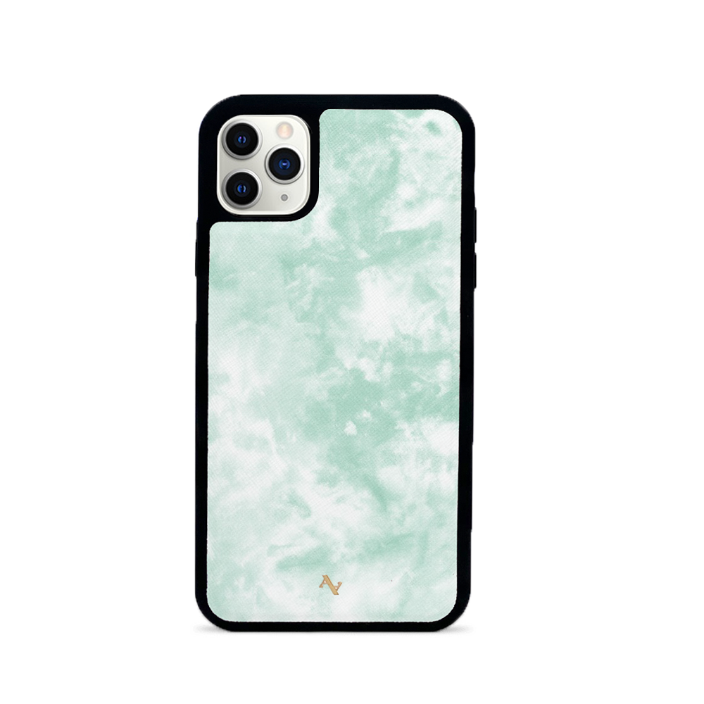 Tie Dye Green Fever leather case for iPhone 11 Pro Max, featuring a vibrant green tie-dye pattern and a soft rubber rim for protection.