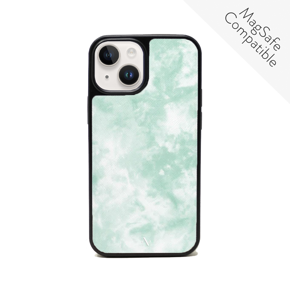 Tie Dye Green Fever leather case for iPhone 14 Plus, featuring a vibrant tie-dye pattern and vegan saffiano leather with a soft rubber rim.