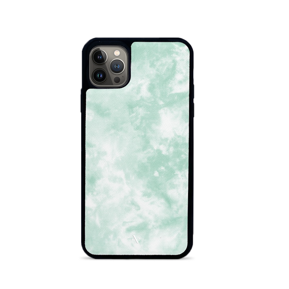 Tie Dye Green Fever iPhone 14 Pro Leather Case featuring vegan saffiano leather and a soft rubber rim, showcasing a vibrant green tie-dye pattern.
