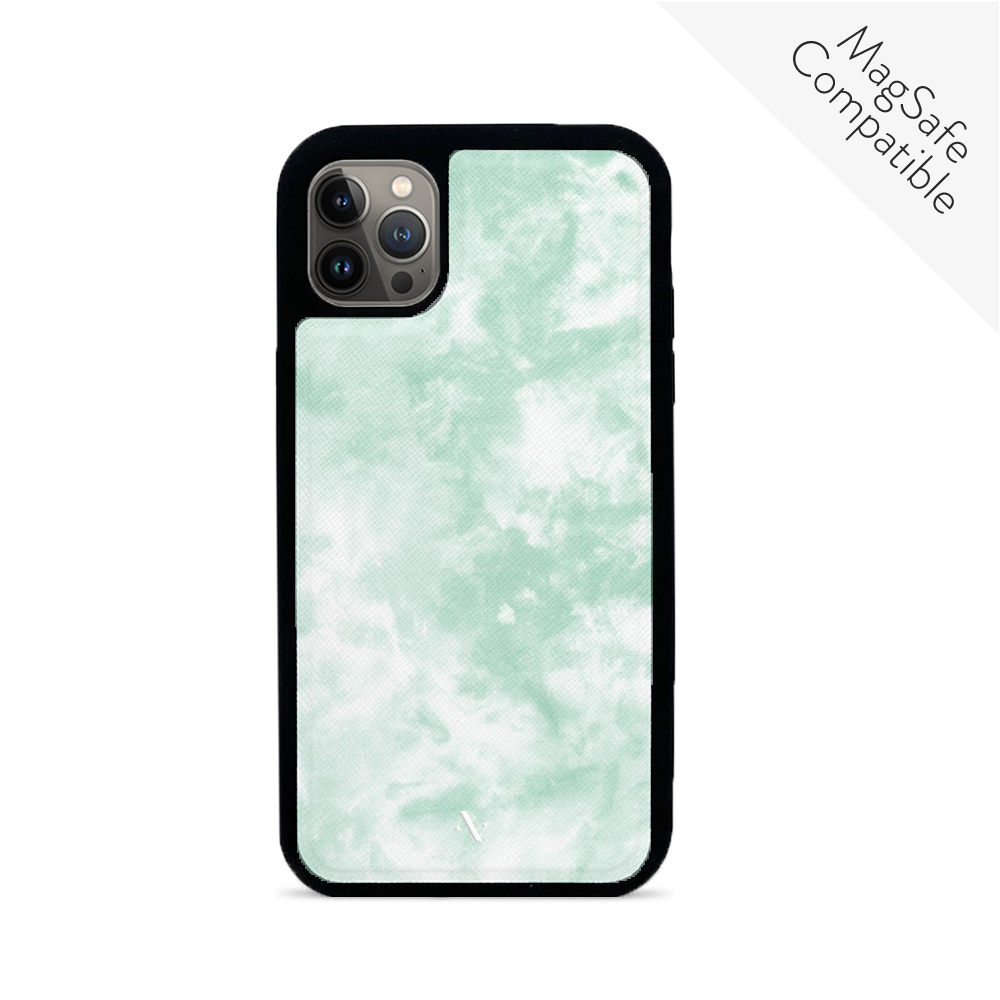Tie Dye Green Fever iPhone 14 Pro Max case made of vegan saffiano leather with a soft rubber rim, featuring a vibrant green tie-dye pattern.