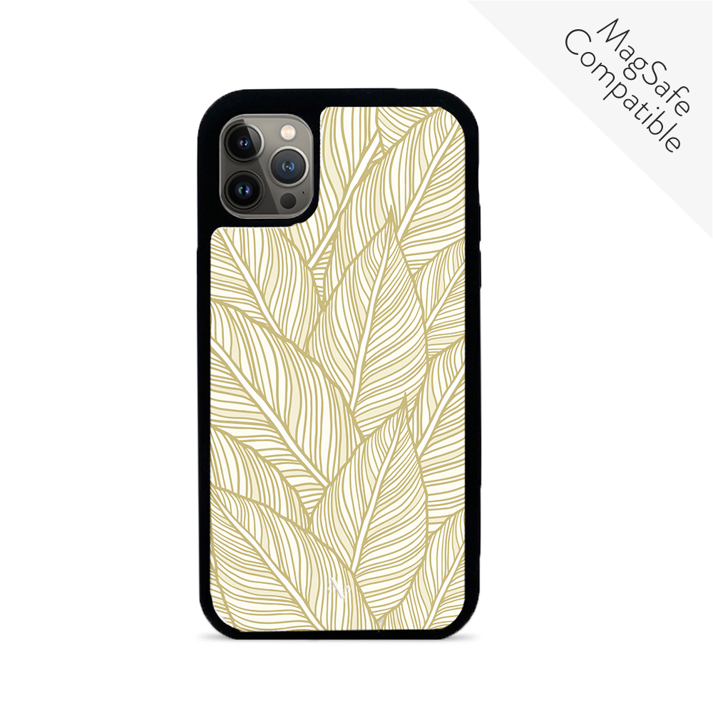 Stylish Tropical Plants iPhone 13 Pro leather case made from vegan saffiano leather with a soft rubber rim, showcasing personalization options.