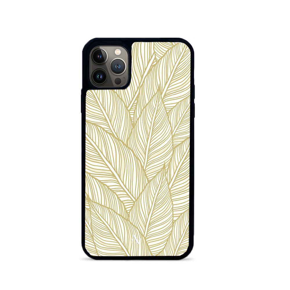 Stylish Tropical Plants iPhone 13 Pro Max leather case made from vegan saffiano leather with a soft rubber rim.