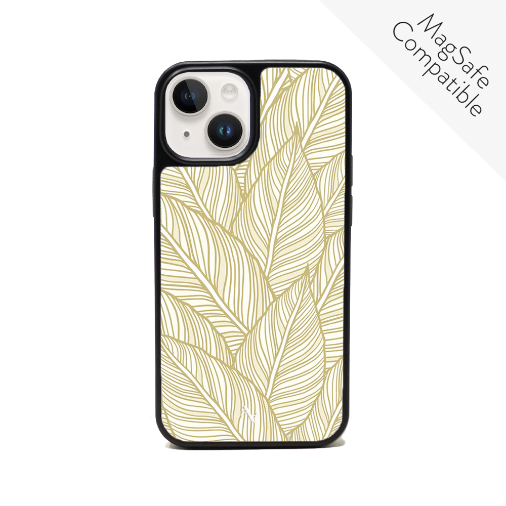Tropical Plants iPhone 14 leather case featuring vegan saffiano leather with a soft rubber rim, showcasing vibrant tropical designs.