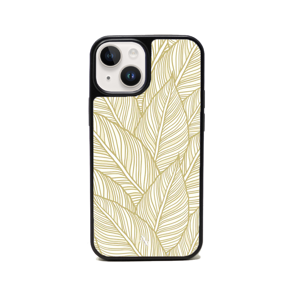 Tropical Plants iPhone 14 Plus leather case featuring vegan saffiano leather and a soft rubber rim, showcasing a vibrant tropical design.