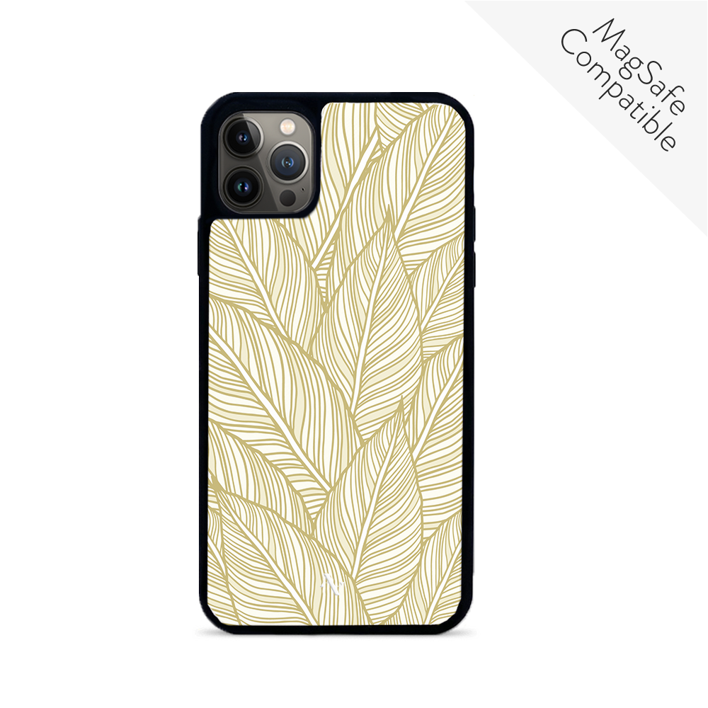 Tropical Plants iPhone 14 Pro Max leather case featuring vegan saffiano leather and a soft rubber rim, personalized with monogram options.