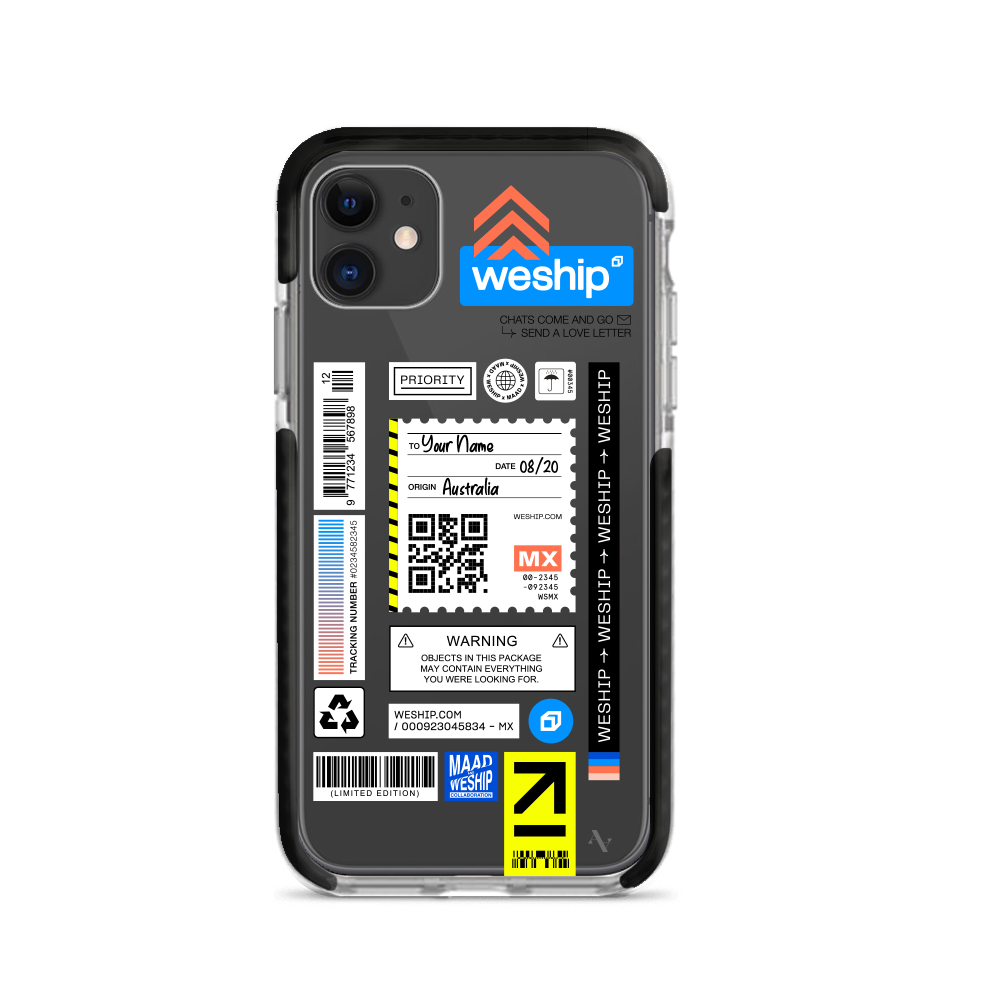 WeShip x MAAD iPhone 11 Clear Case showcasing its slim design and personalized features.